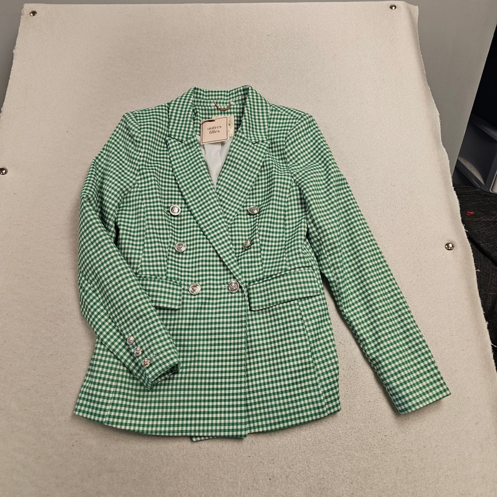 Autres Filles Green Gingham Double Breasted Blazer Silver Crest Button XS NEW